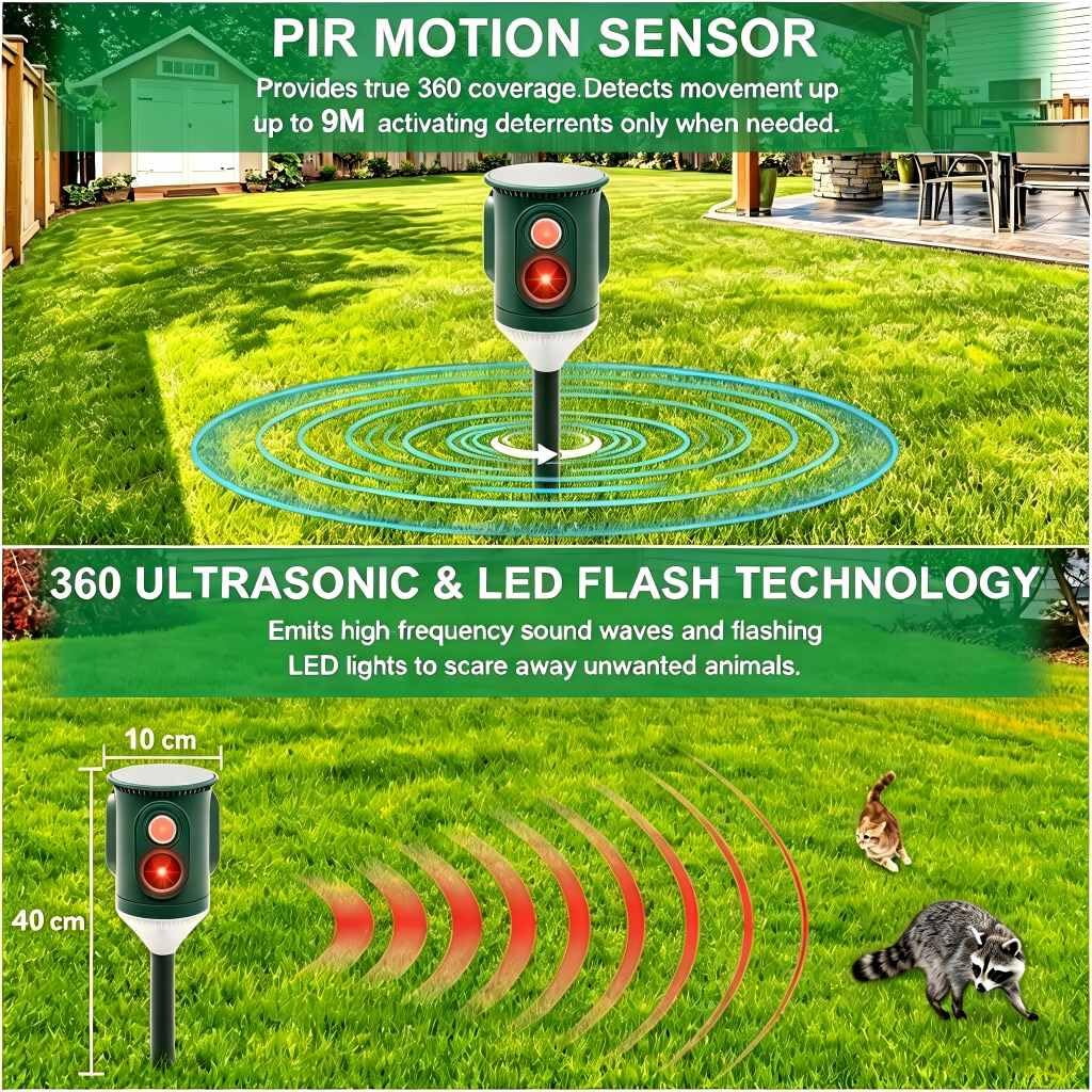 2X Solar-Ultraschall-Tiervertreiber 360° mit Blitzlicht, bewegungsaktiviert,wasserdichter Gartenschutz gegen Katzen,Hunde,Eichhörnchen,Waschbären,Stinktiere,Kaninchen und Kojoten