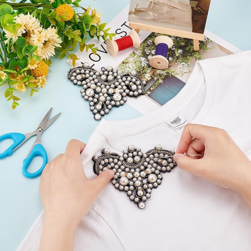 FINGERINSPIRE 2PCS Pearl Shoe Patches Black Sew on Rhinestone Imitation Pearl Beaded Applique DIY Crafts Applique Patches Glitter Pearl Floral Pattern Patches Decorative Appliques for Costume Decor - Image 3