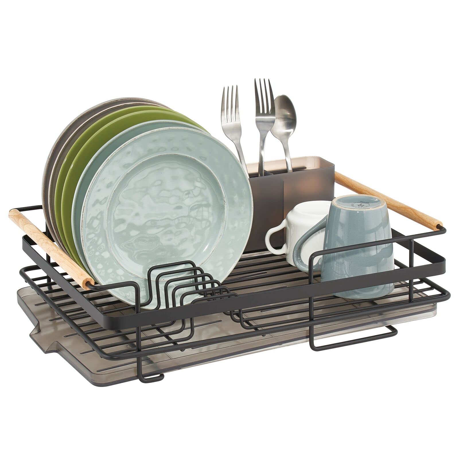 mDesign Escurreplatos de Metal con Asas de Madera – Escurreplatos con Bandeja para Cubiertos y Bandeja de Goteo – Escurreplatos para secar al Aire en la encimera, Color Negro Mate y Natural
