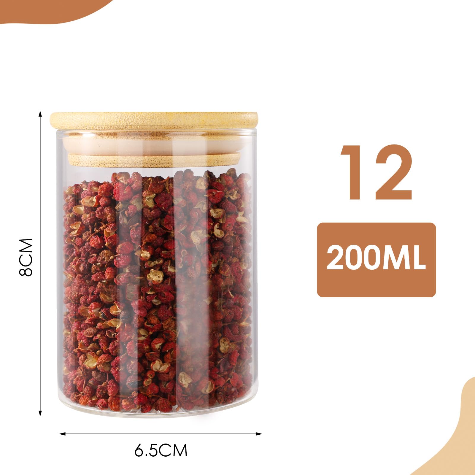 FoiiLiio 12 Bocaux à Épices Ronds en verre 200 ml avec couvercle en Bambou, RéCipient à ÉPices, Ensemble de Pots à ÉPices, Boite a Epices Cuisine Rangement avec Étiquettes Vierges