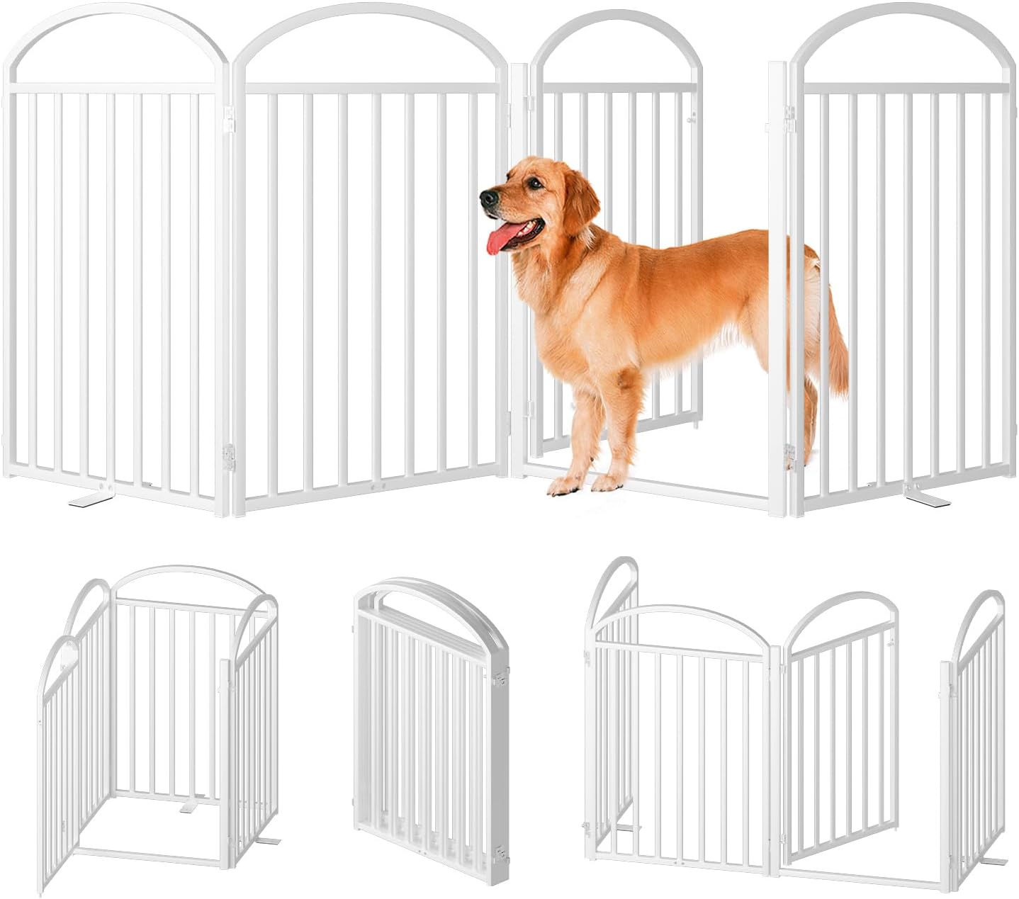 4 Panles Full Matel Freestanding Dog Gates with Door, 96"Extra Wide 32"Tall Free Standing Dog Pet Gate for Indoor & Outdoor. Foldable Pet Fences for Doorways, House, Stairs, Porch, Deck, Yard White ?4 Panels with Door?96"W*32H"