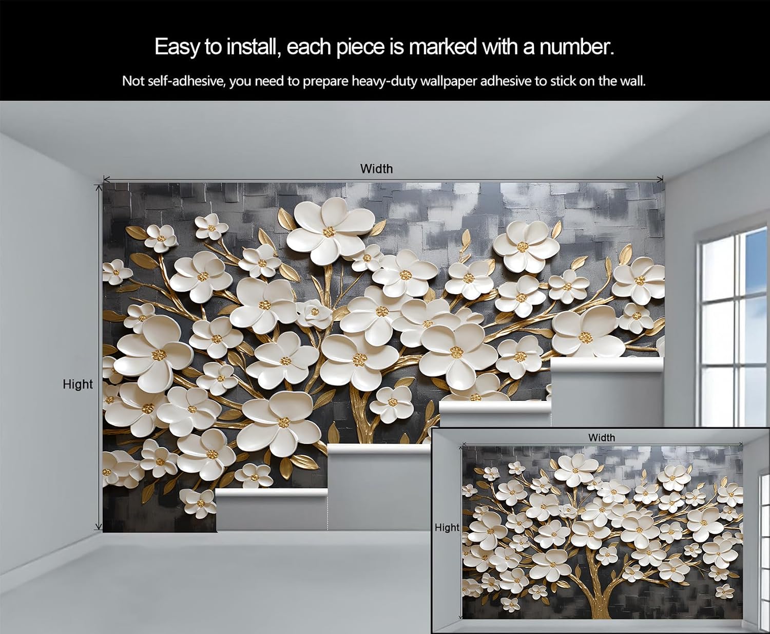 Relief Flowers Wall Mural, Simple Flowers 3D Wallpaper Mural, Blooming Plants Wall Murals Wallpaper for Woman Bedroom Bedside Living Room - 78.7" W x 55.1" H