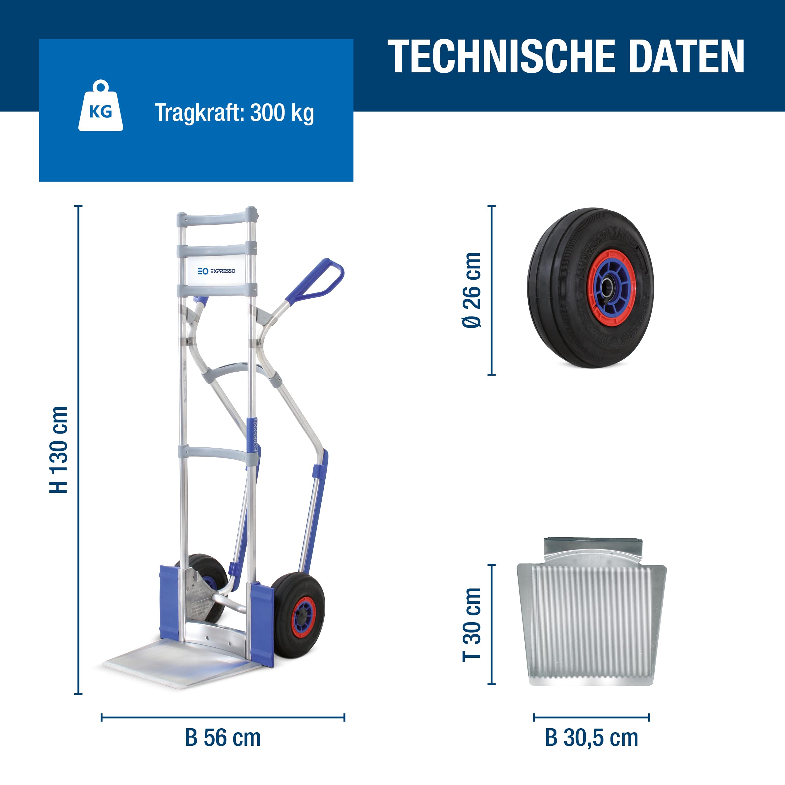 Vollmontierte EXPRESSO Alu Profi- Sackkarre für Säcke, Rollen & Kartons AE201521 / 250kg / Luftreifen, schwarz/Schaufel L 30 x B 30,5 cm