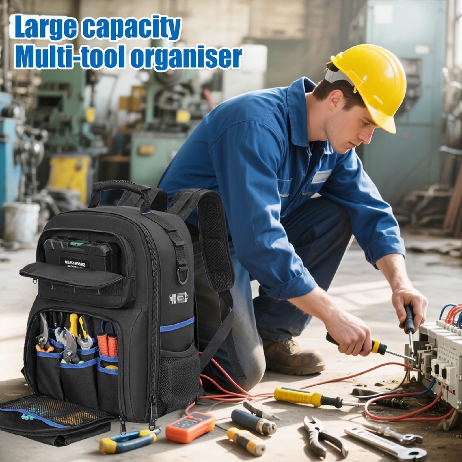 Mochila de herramientas para organización de herramientas, gran capacidad para exteriores, mochila cómoda industrial