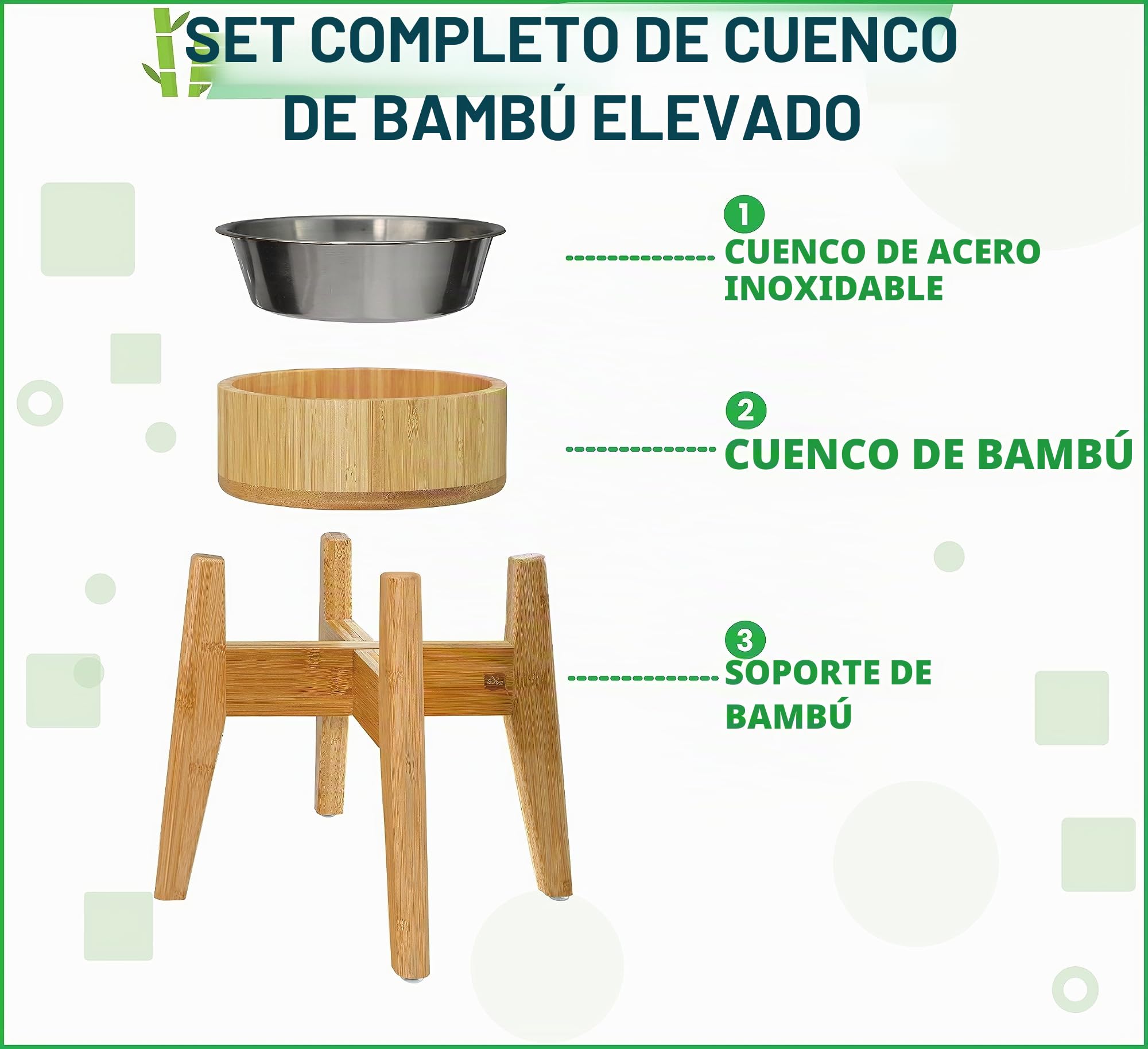 Tazones elevados para Perros Grandes – Aumentado a 38 cm, Cuenco de bambú y Acero Incluido (Tapa de 2097,9 g). Ideal para Labrador, G-Sheperd, Retriever, Caniche, Boxer, Husky, Doberman,