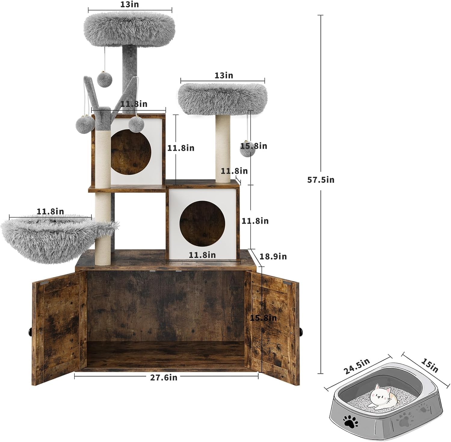 Katzenbaum Mit Katzenklo Schrank, 146 cm Hoch, Katzenhaus Aus Holz Mit Kratzbaum, HäNgeball, KatzenrüCken Und Oberer Sitzstange, All-In-One (Eichenbraun)
