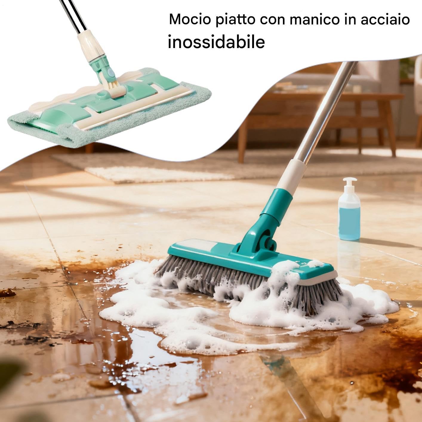 Mopa Plana para Limpieza de Suelos 7 Almohadillas Mango Telescópico Fregado | Mopa Giratoria 360 Grados para Seco y Húmedo Para Madera, Laminado, Baldosas, Baño, Cocina y Mantenimiento Diar