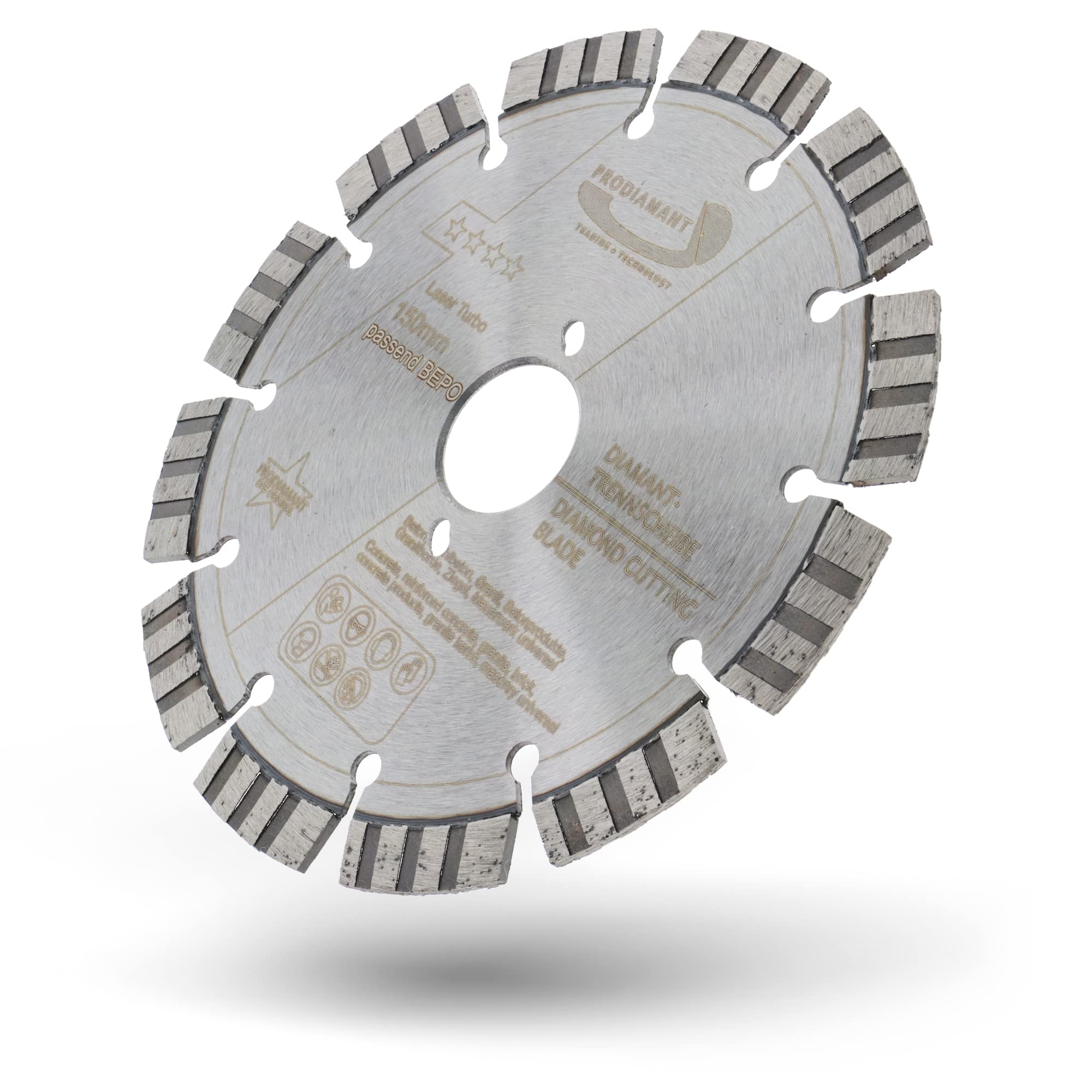 PRODIAMANT Diamentowa tarcza tnąca 150 mm pasująca do Bepo otwór 27 mm z otworami bocznymi, segmenty spawane laserowo do stali, betonu, muru i konstrukcji kompozytowej
