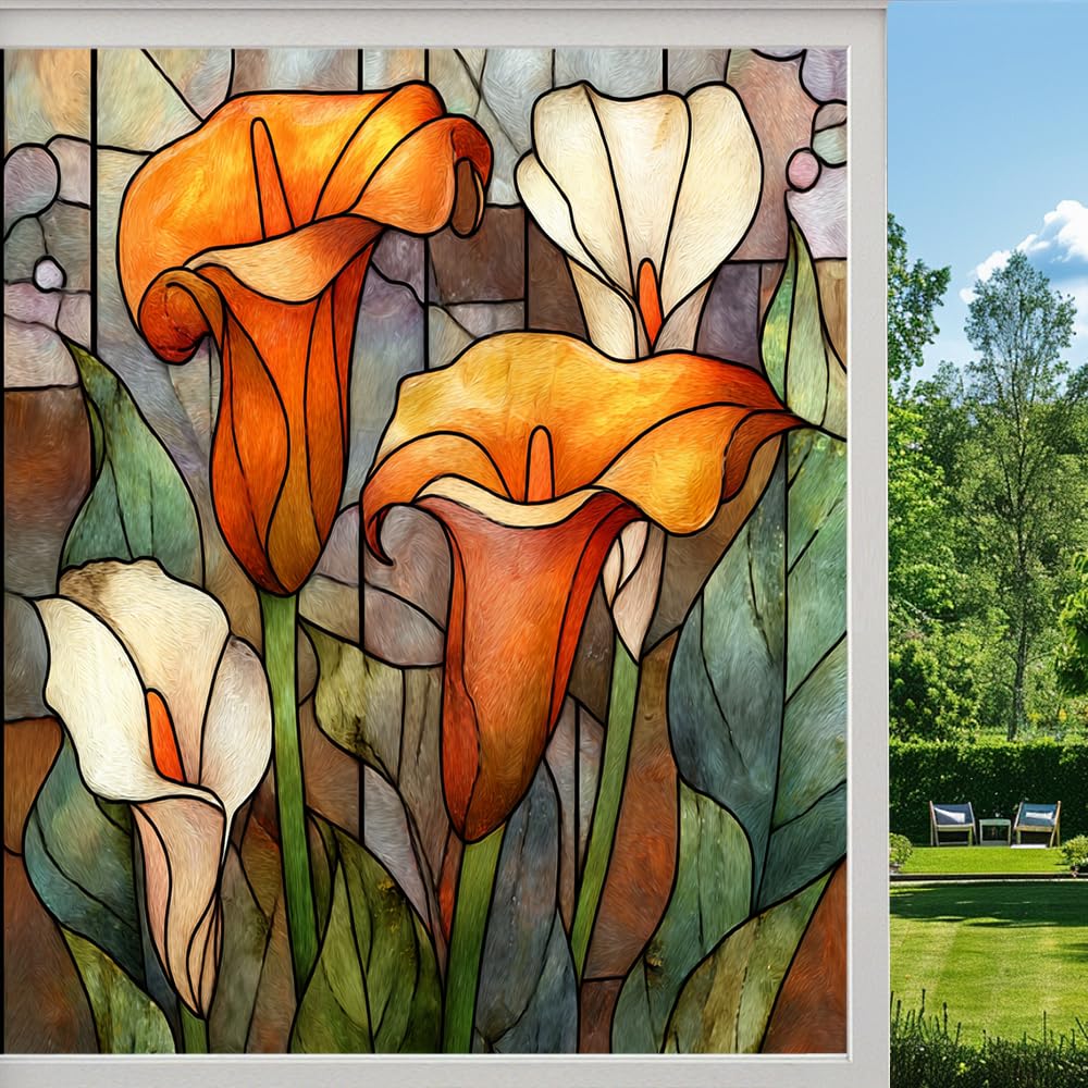 Classic Bouquet Stained Glass Window Film, Colorful Lily Floral Plants Peel and Stick Privacy Film, Frosted Adhesive Vinyl Decorative for Bathroom Windows Glass Doors, （40x80cm）
