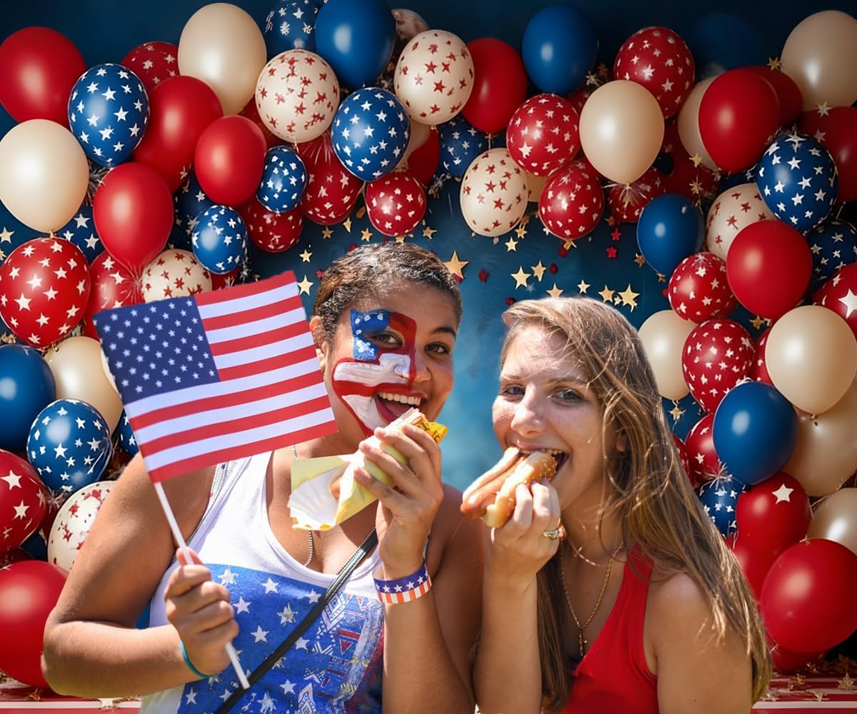 12x8ft 4th of July Backdrops for Photography Fourth of July Decorations Red White Blue Balloon Arch Patriotic Backdrop Veterans Day Labor Day Photo Background Family Photo Props for Photoshoot