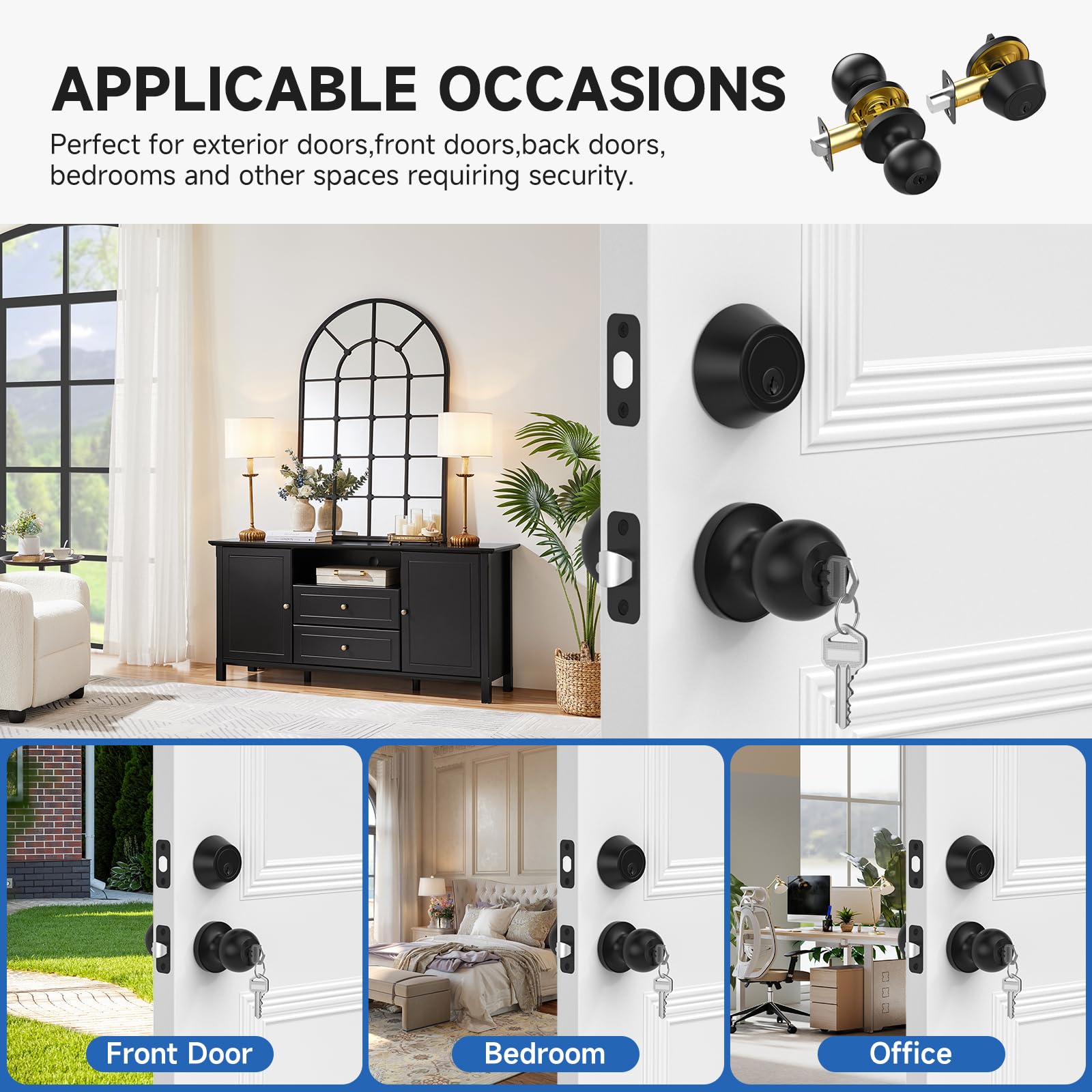 Estmoon 3-Pack Keyed Alike Door Locks - Matte Black -9