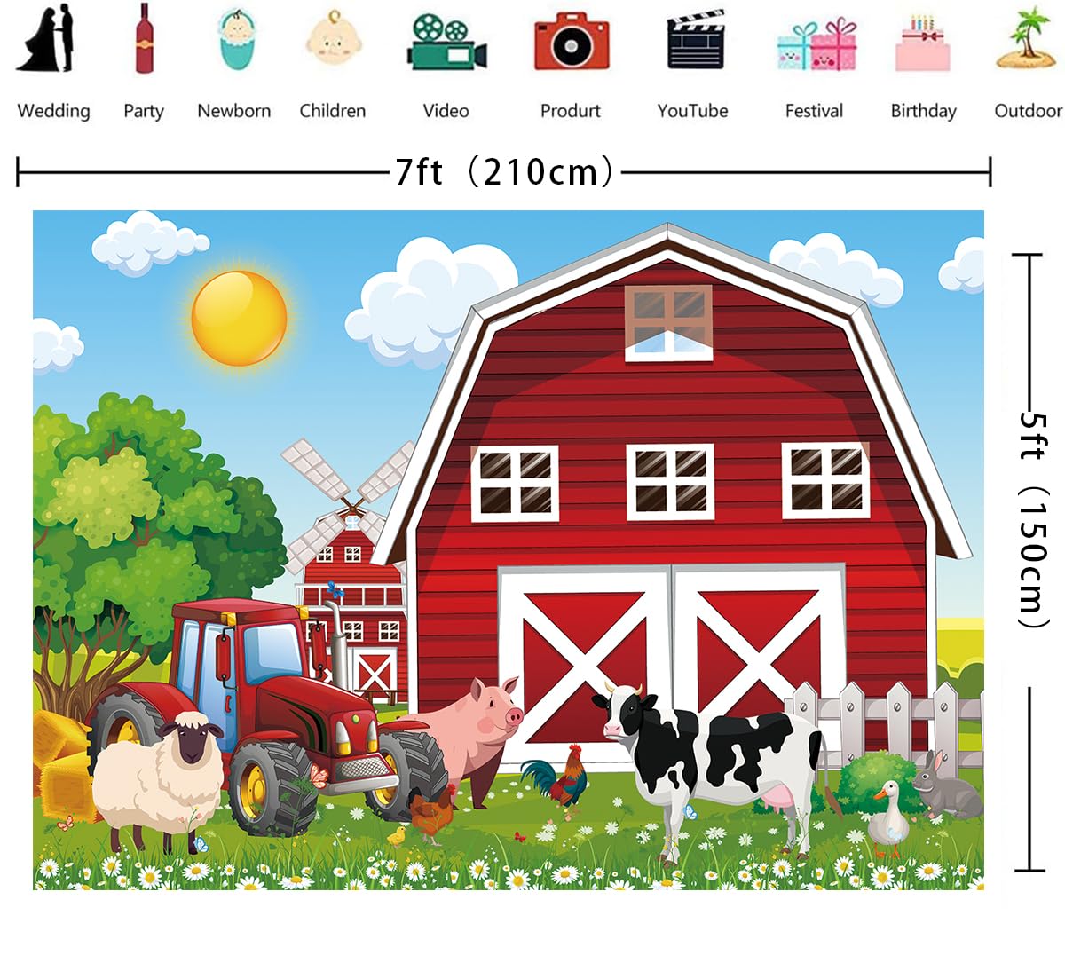 Sfondo Fotografico 2,1x1,5m Per Feste Bambini - Tema Fattoria Con Animali, Prato Verde E Fienile Rosso - Foto 1