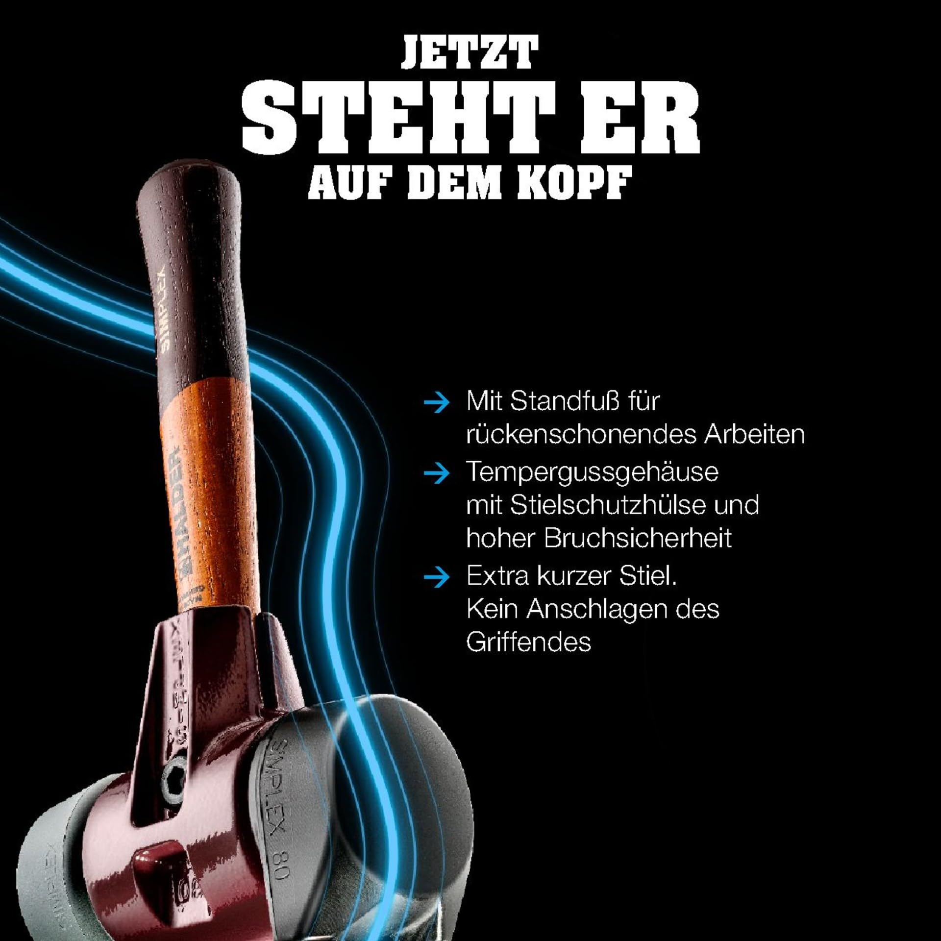 Simplex - Schonhammer, Gummikomposition, mit Standfuß/Superplastik; mit Tempergussgehäuse und hochwertigem extra kurzen Holzstiel | D=60 mm/Stielausführung=extra kurz | 3027.262