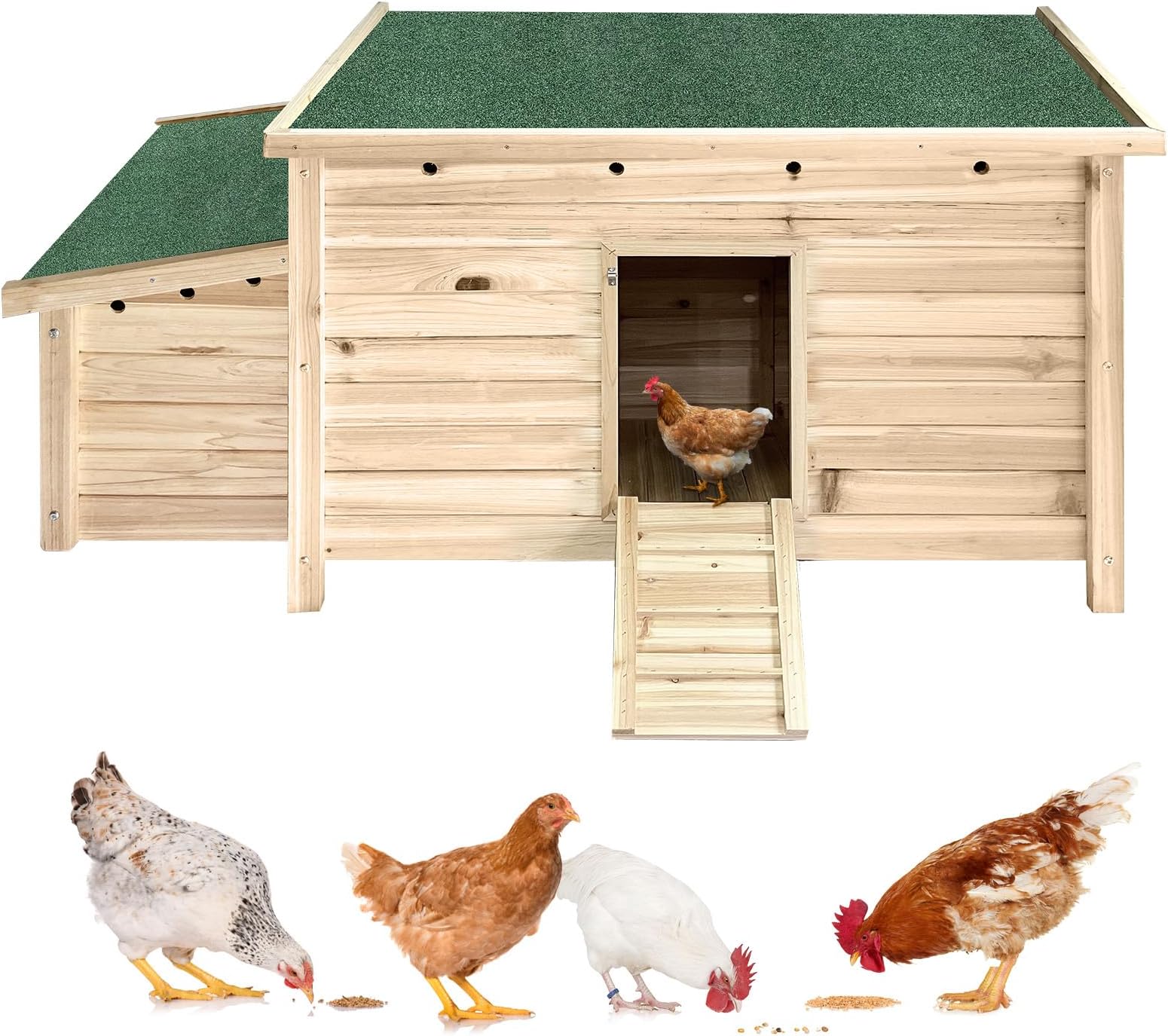 Unovivy Small Wooden Chicken Coop Hen House Poultry Cage with 2 Chicken Nesting Box & Ramp, Poultry Cage Rabbit Hutch for Outdoor Backyard, Natural Wood