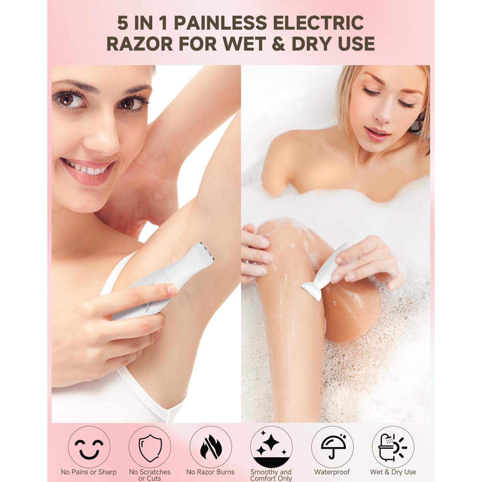 Rasoir Elios Femme 5 En 1, Multifonction Wet&Dry Rasoir Femme Electrique, Tondeuse Bikini 5 En 1 Étanche IPX7, Pour Bikini, Aisselles, Jambes, Nez