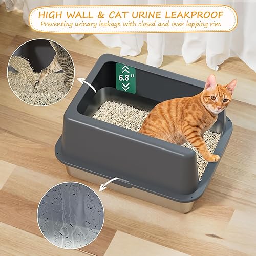 Miniatura 4 de Caja de arena de acero inoxidable para gatos, caja de arena de metal cubierta, bandejas de arena para gatos con lados altos, cajas de arena