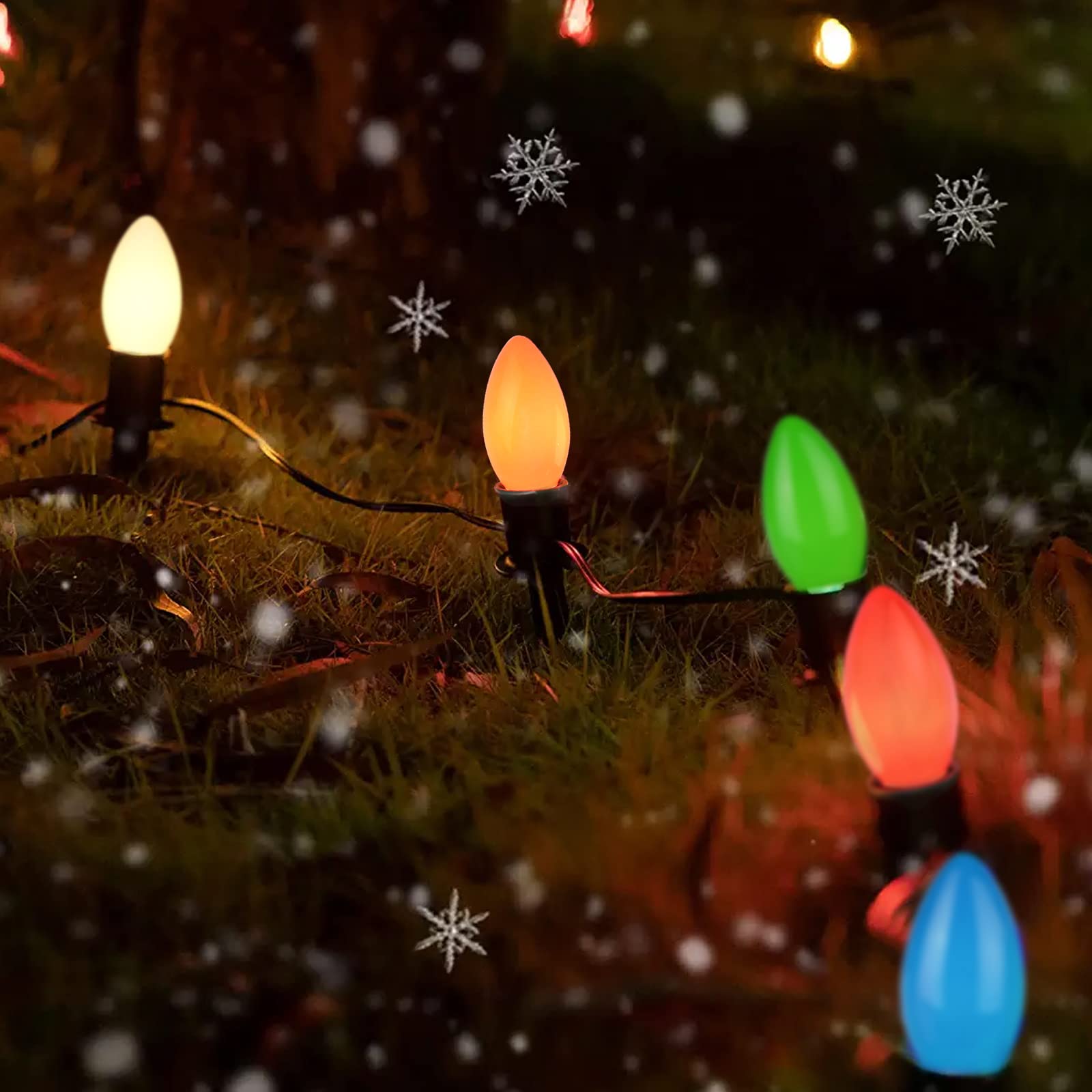 Konictom 25Ft Outdoor Multicolor Ceramic Christmas String Lights,C9 Vintage Opaque Christmas String Lights for Patio Garden Christmas Tree Decoration,C9/ E17 Candelabra Base, Green Wire