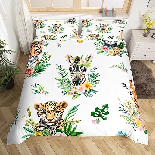 Juego de ropa de cama de animales salvajes, funda de edredón de leopardo y tigre para niños y niñas, funda de edredón de jirafa cebra, guepardo,