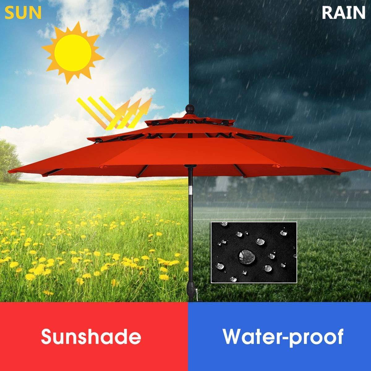 Tangkula 10 Ft 3 Tier Patio Umbrella, Outdoor Aluminum Double Vented Tilt Umbrella with Crank, for Market, Backyard, Poolside, Garden (Orange)