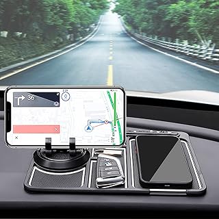 Non-Slip Phone Pad for Car,Car Phone Holder 4-in-1 Anti-Slip Silicone Car GPS Holder Universal Phone Dashboard Pad Mat,with Replaceable Parking Card Number Plate Sticky Pads (White Edge/Fluorescent)