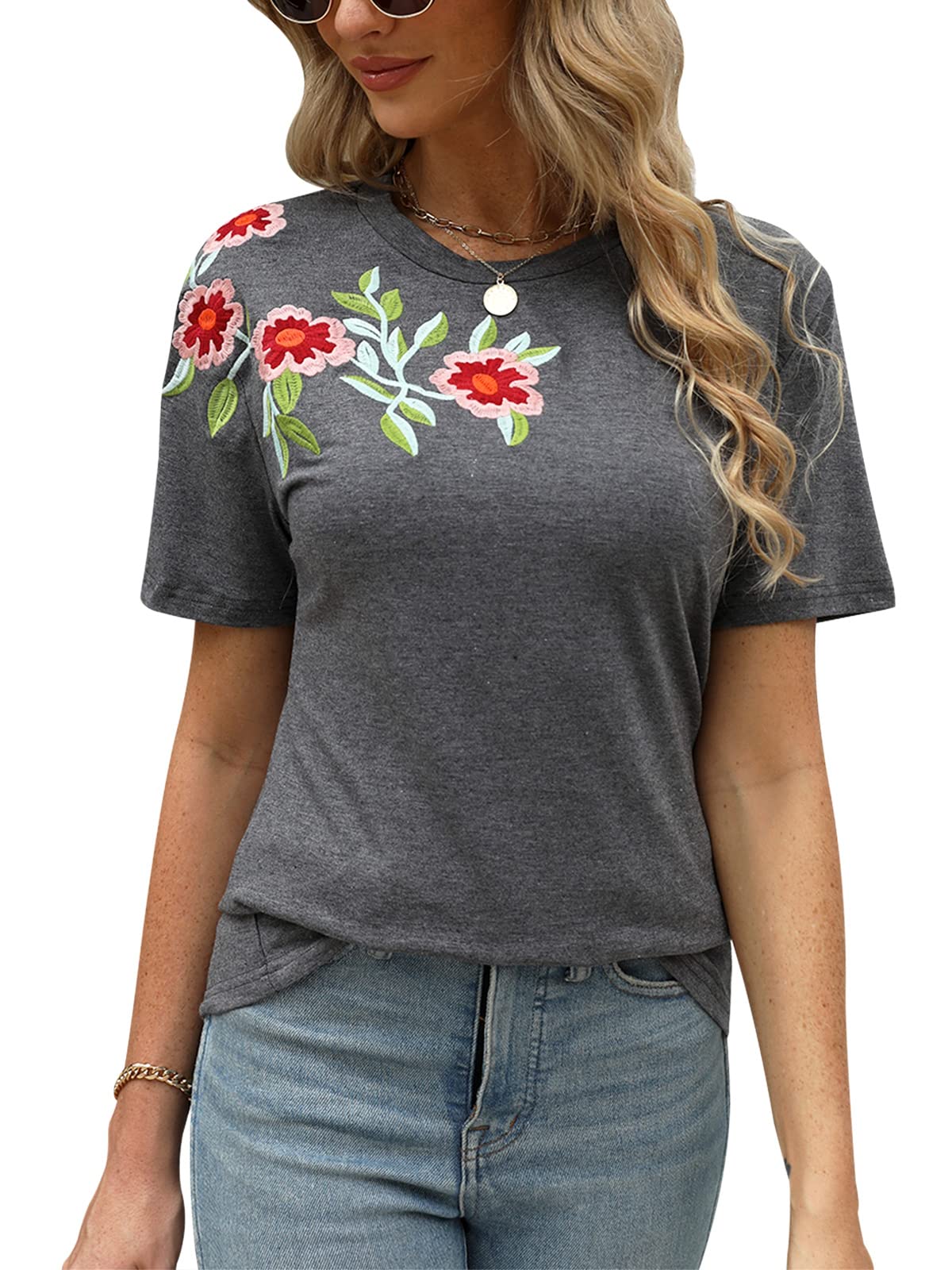 Mexican Shirts for Women Floral Embroidered Tops Short Sleeve Blouses Women's Traditional Fiesta Tees Tunic Peasant
