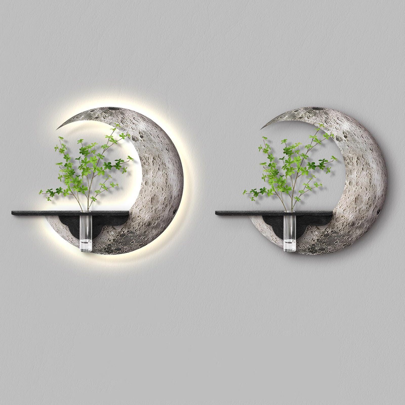 ZCQMSCWW 3D Circular Sandstone Wall Art with LED Lights and Hydroponic Plant Holder, Modern Minimalist Moon Sculpture for Living Room, Bedroom, Entryway Decor(G,50 * 50cm/19.6 * 19.6in)
