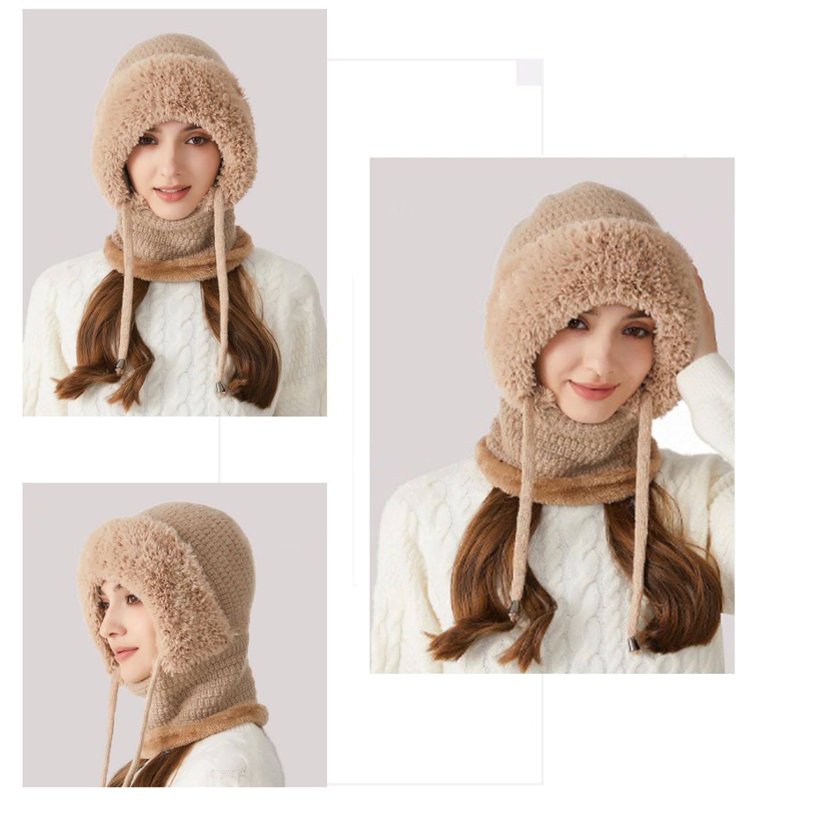 3 in 1 Beanie Hat with Scarf and Mask for Women, Warm Knitted Winter Balaclava Hood for Skiing, Hiking