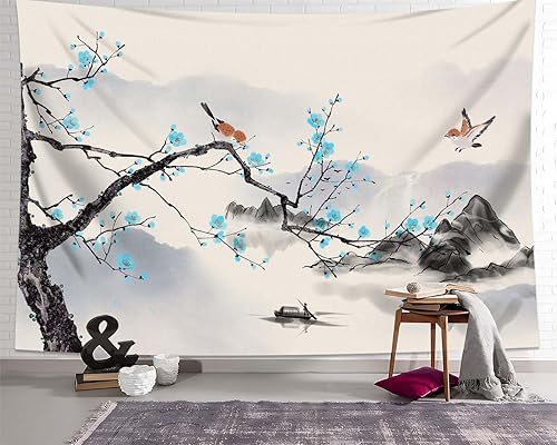 Miniatura 4 de QGHOT Tapiz japonés asiático para hombre, tapiz de acuarela para colgar en la pared, tapiz calmante de pared, tapiz de paisaje de montaña, tapiz de