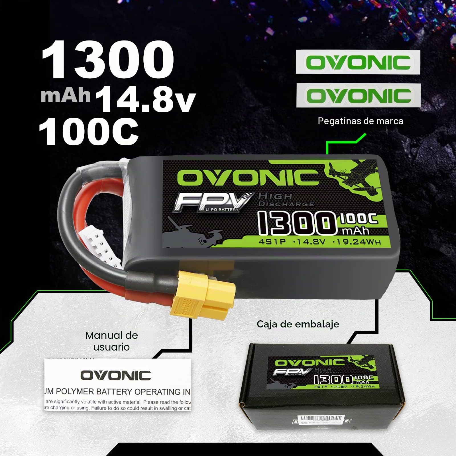 OVONIC 4s Batería Lipo 1300mAh 100C 14.8V FPV Batería con Conector XT60 para FPV Racing RC Quadcopter Helicóptero Avión Multimotor Hobby Piezas de Bricolaje（2 Packs）