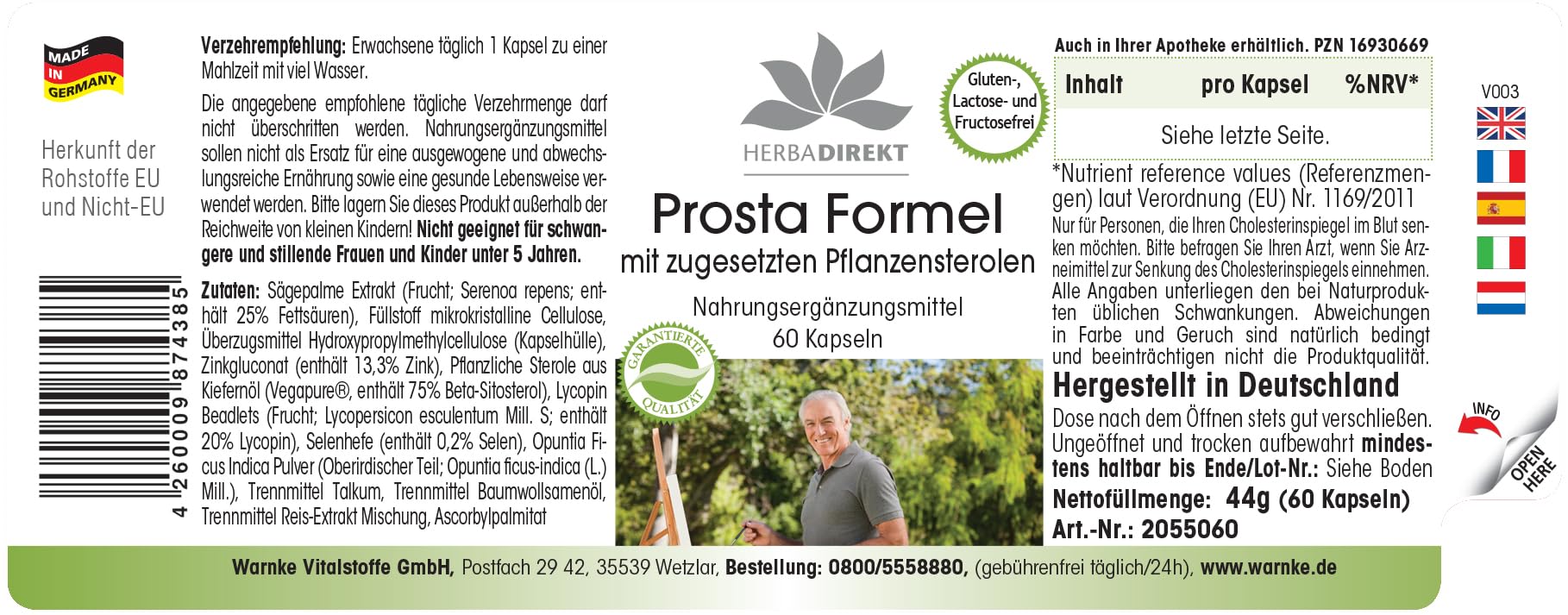 Formule Prostate – avec Stérols végétaux, Palmier nain, Zinc, Sélénium, Betasistérol & Lycopène - 60 gélules | Herba Direkt - Qualité des pharmacies allemandes