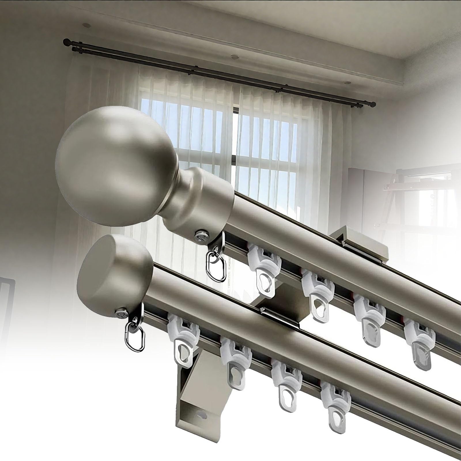 Doppelte Vorhangstange, 100-800 cm Gardinenschiene Aus Aluminiumlegierung, Robustes Schiebesystem, Leise Laufschienen, Für Raumteiler, Wohnzimmer, Büro(Champagner,240cm)