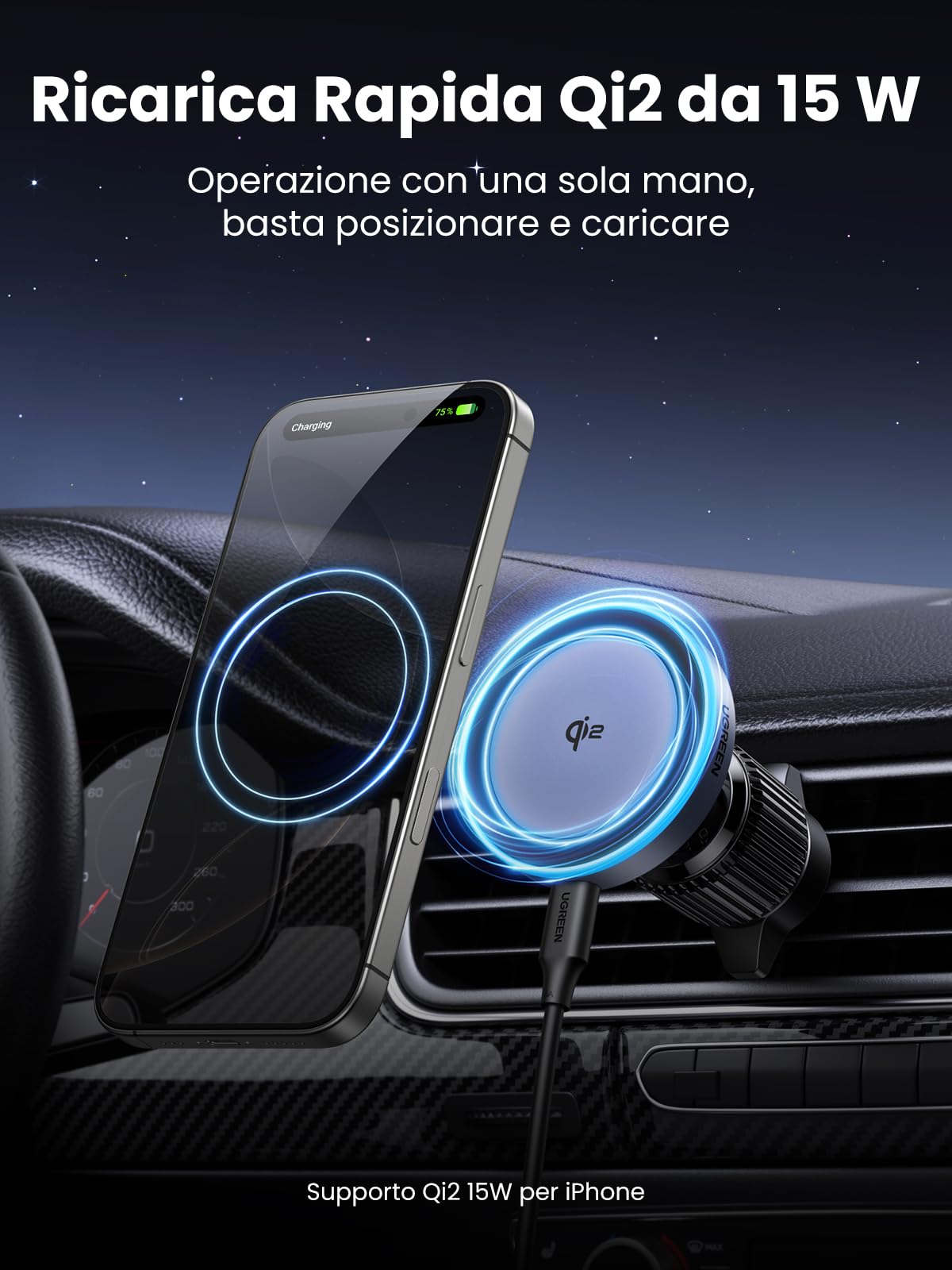 UGREEN Qi2 15W Caricatore Wireless Auto Magnetico, Porta Cellulare Magsafe d'Aria Bocchetta Compatibile con iPhone 17 Pro Max Air/16/15/14/13/12 Serie