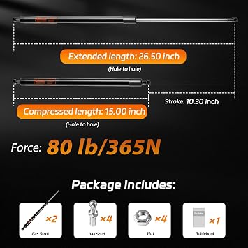 26 inch 80 lb Gas Strut 2PCS and 10mm Mounting Bracket 4PCS