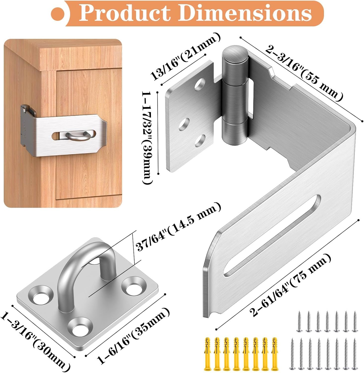 90 Degree Hasp Lock, Right Angle Padlock Latch, Silver 2 Pack | 304 Stainless Steel, Padlock Hasp Lock Latch, File Cabinet, Drawer, Toolbox, Storage Box, Cupboard, Security Latch