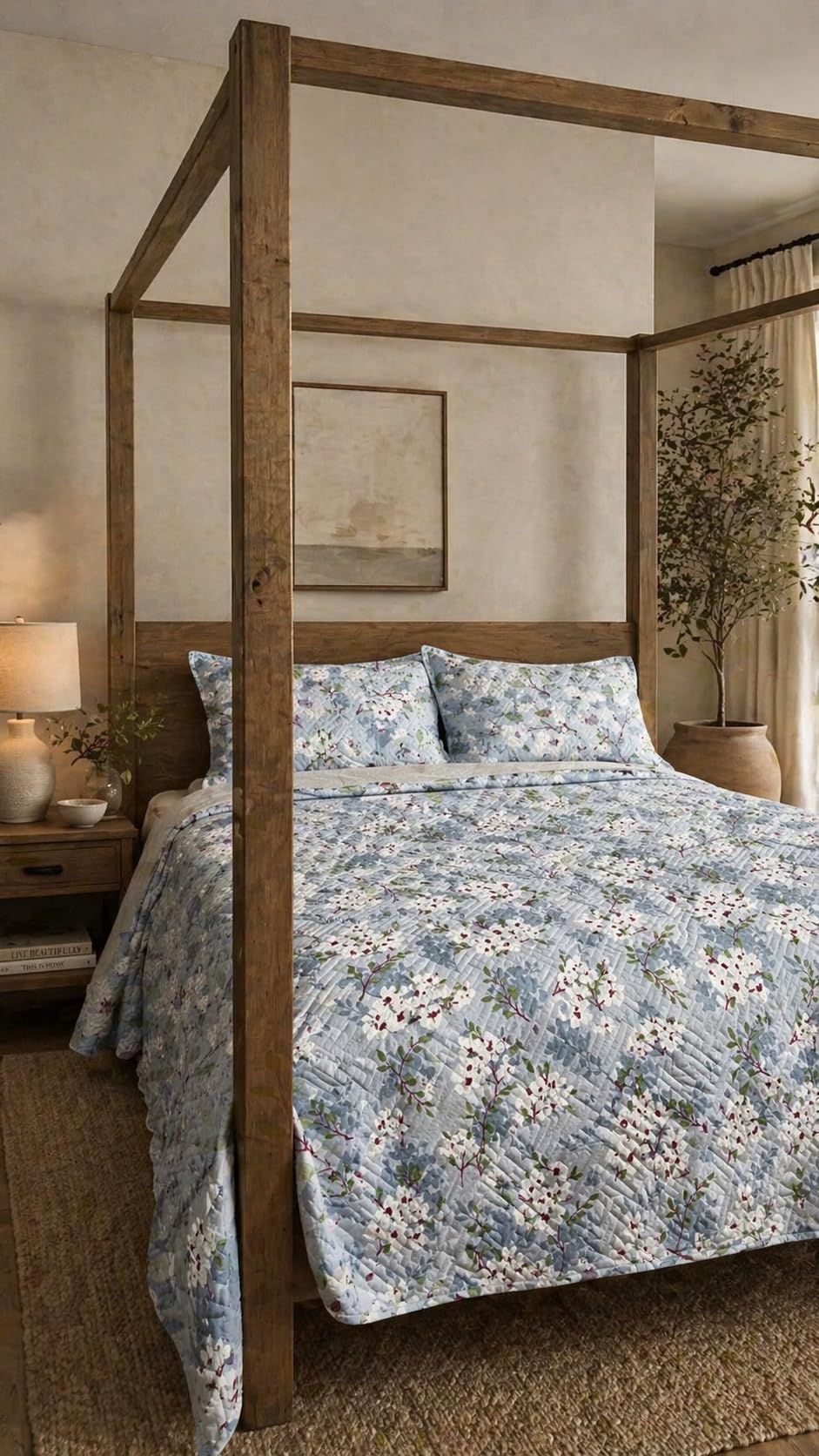 Blue Floral Serenity Quilted Bed Cover Cotton King Size Bedspread Reversible AC Comforter Blanket for Double Bed with 2 Pillow Covers, All Season 3 Pc Bedding Set Lightweight Comforter Coverlet-image-13