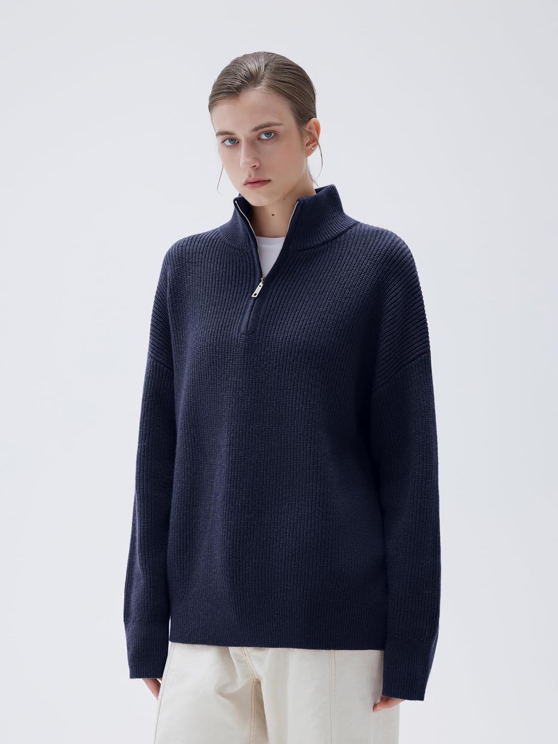 SUUKSESS Women Cashmere Blend Oversized Quarter Zip Pullover Sweater Long Sleeve Collared Ribbed Knit Jumper Tops - Image 5