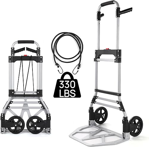 Carro de mano plegable, carretilla plegable portátil de aluminio plateado con asas de polea plegable de 2 posiciones, capacidad de carga de 330
