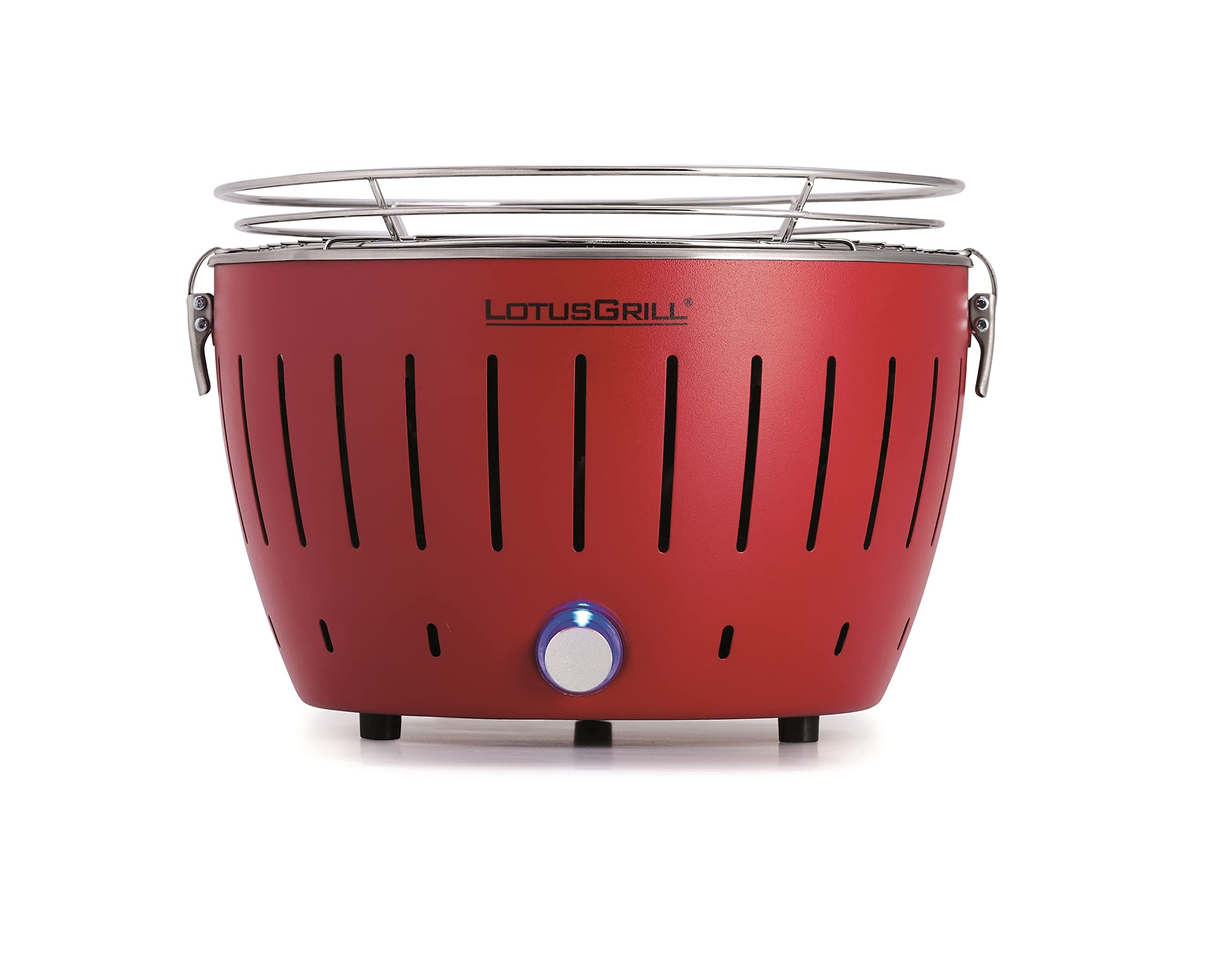 LotusGrill S Small kompaktowy zestaw startowy ognista czerwień, niskodymny grill na węgiel drzewny z 2,5 kg węgla bukowego, 200 ml pasty, 1 x szczypce (kolor w magazynie), 1 x torba. Zasilanie USB lub