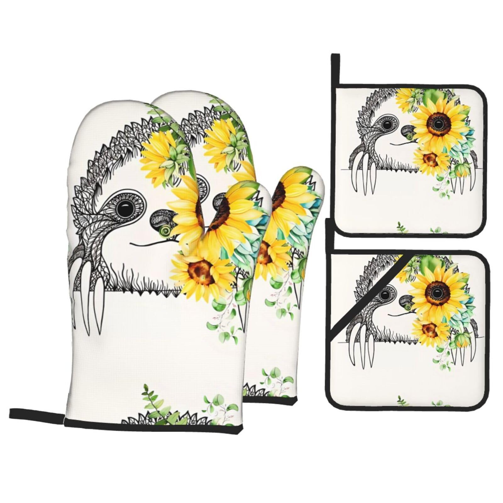 HJFCZH Sloth Sunflower Prints Kitchen Covers: Waterproof Oven Layers for Safe Cooking & Easy Cleanup - 4 Piece Heat Protection Set