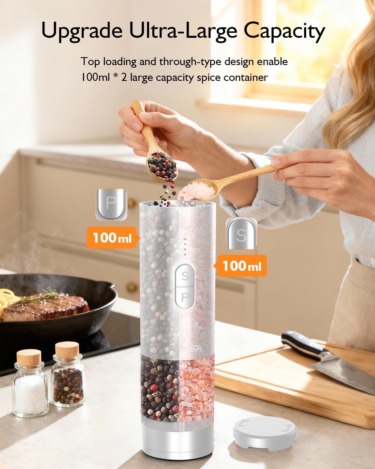 AMOSA Moulin à Poivre Électrique 2 en 1 Double Réservoir, Double Meule en Céramique USB Rechargeable avec Lumière LED Blanc
