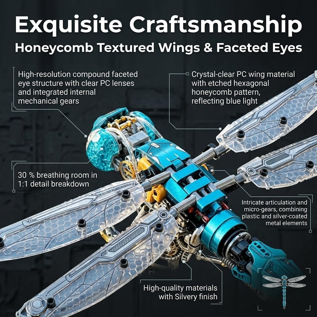 Mechanical Technik Dragonfly Building with Light, Compatible with Lego for Adults, Insect Animal World Model & Display Stand, Educational STEM Toys for Boys Home or Office Décor (866PCS)