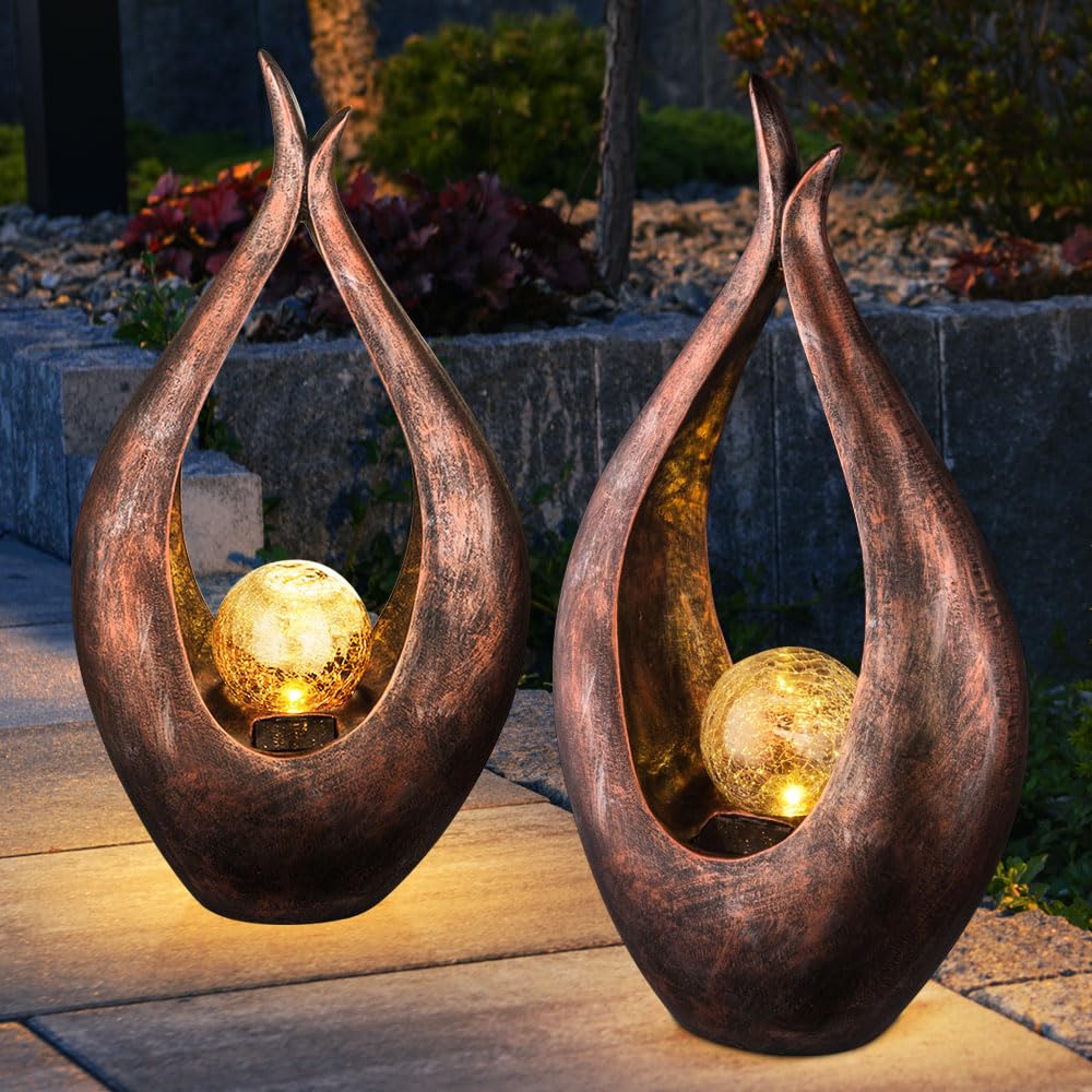 2er Set LED Außen Solar Steh Leuchten Glas Kugel Hof Strahler Bronze geschwungen