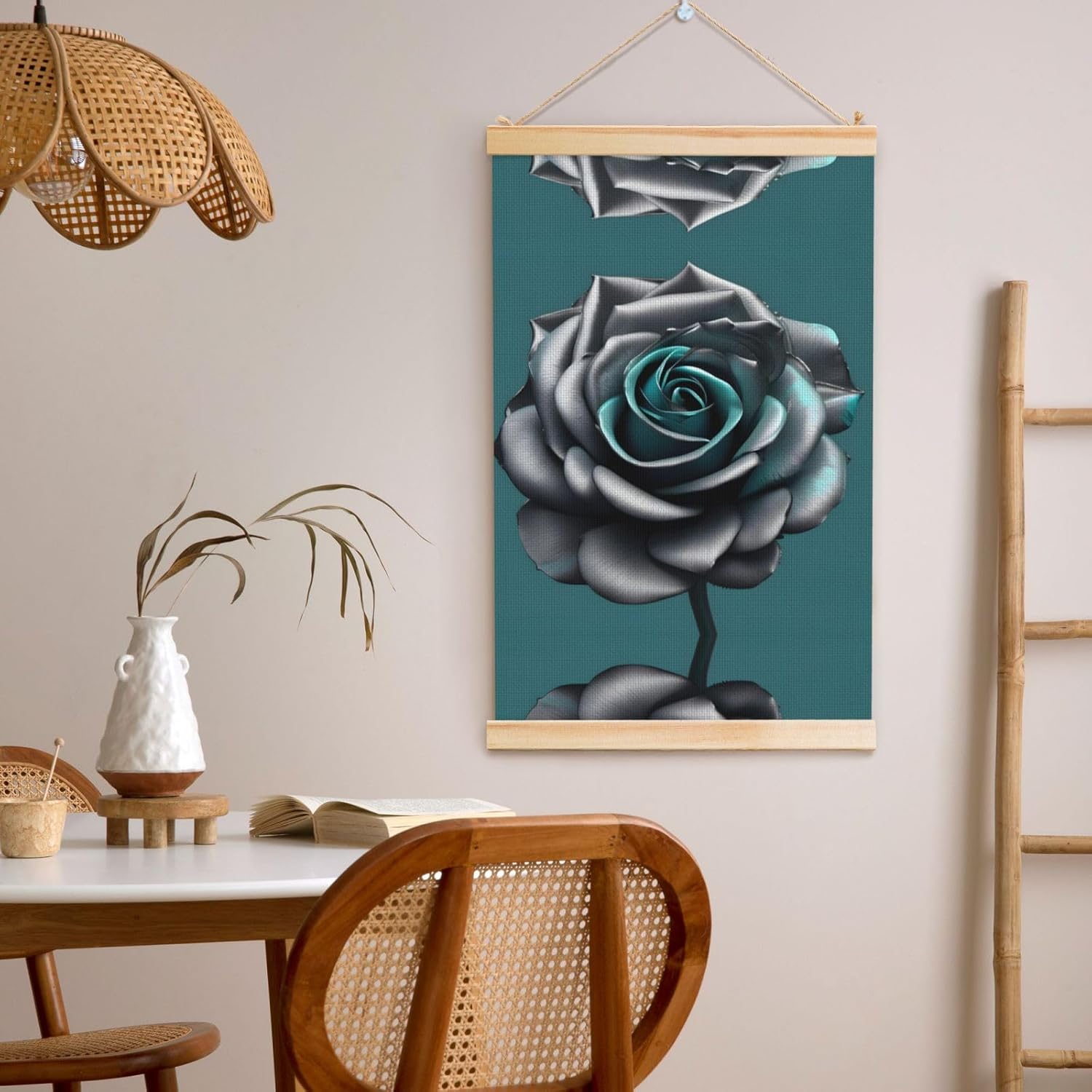 Teal Gray Rose Flower Print Poster Hanger,Hanging Poster, Poster Frame,Wood Poster Hanger, For Wall Hanging