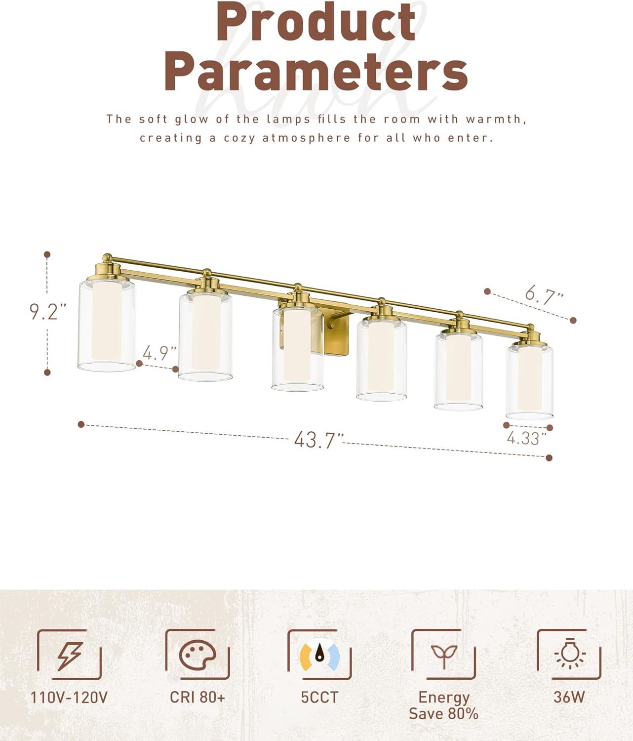 Bathroom Vanity Light Fixtures 6 Light, HWH Brushed Gold Vanity Light Over Mirror, Brass Wall Vanity Lights, 36W 5CCT LED Dimmable Bathroom Light, 5HLT63B-6W-LED BG