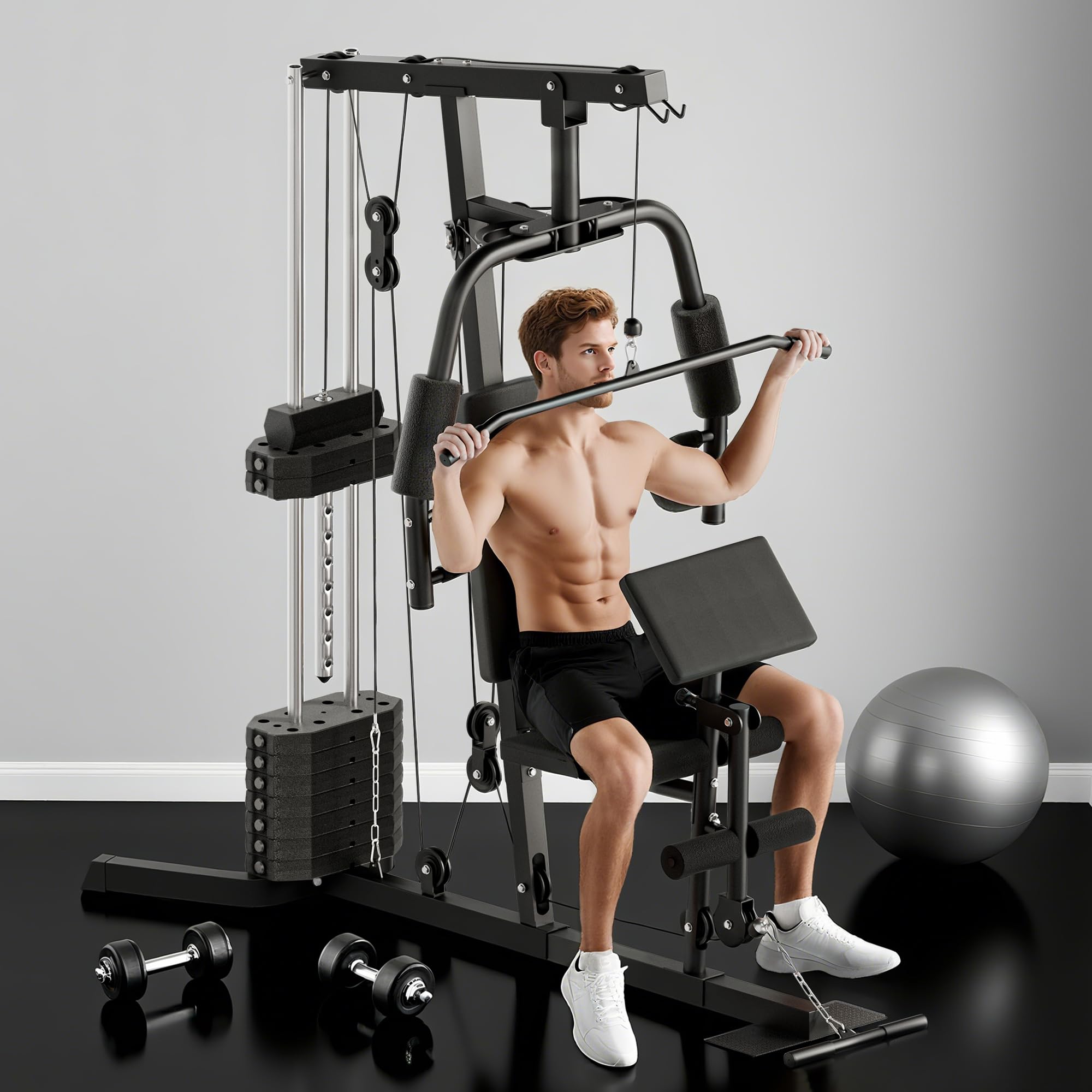 HOMCOM Kompakte Kraftstation, Multifunktionale Fitnessstation, Multistation mit Butterfly, Bizepscurl, Latzug, Beinstrecker, 45 kg Gewichtsblock Krafttraining Schwarz