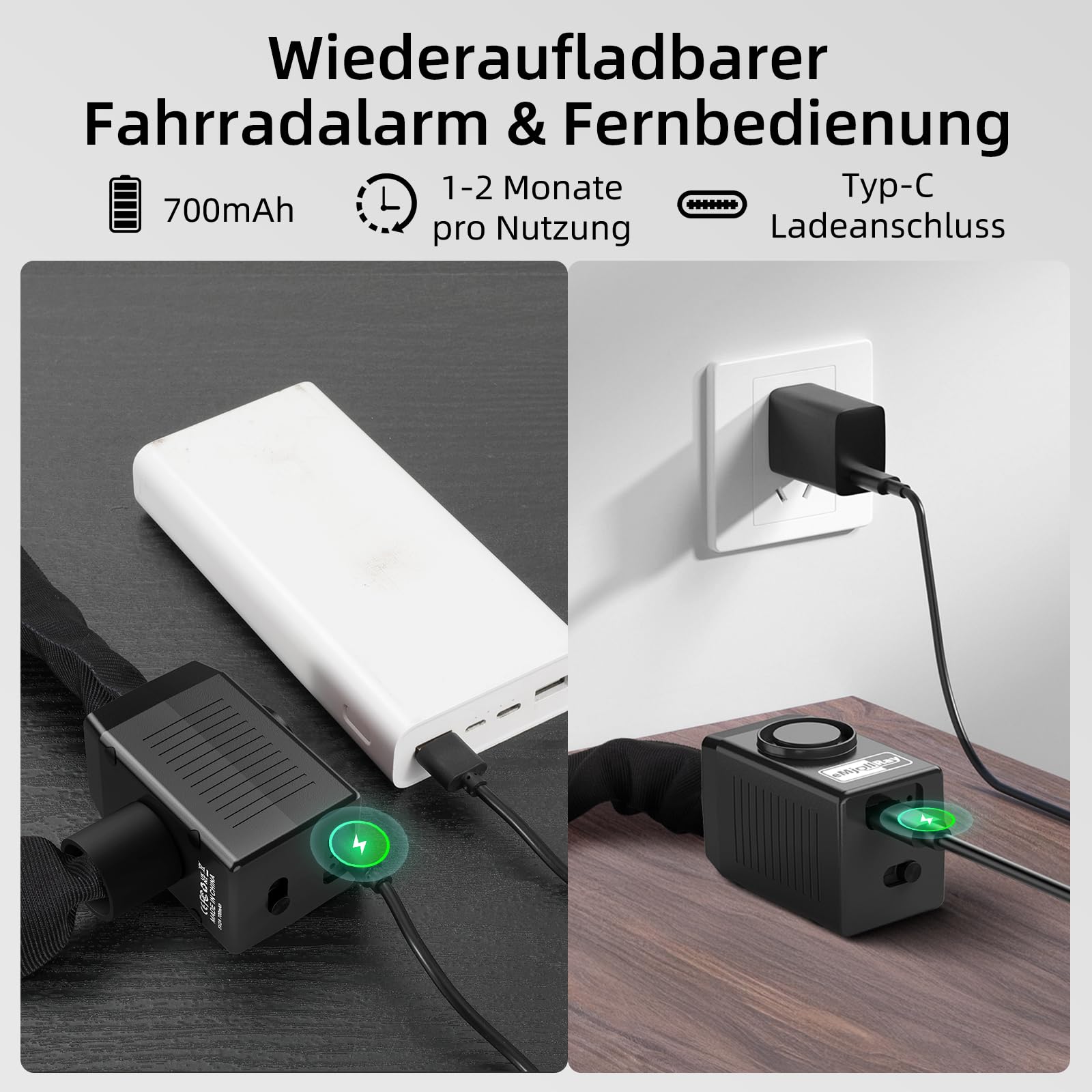 120cm Fahrradschloss mit Alarm 110dB Fahrrad Alarmanlage Schloss für E Scooter Ebike Fahrradschloss Hohe Sicherheit 8mm Dickes Kettenschloss, 2 Fernbedienungen,3 Schlüssel,USB C Kabel,Tasche