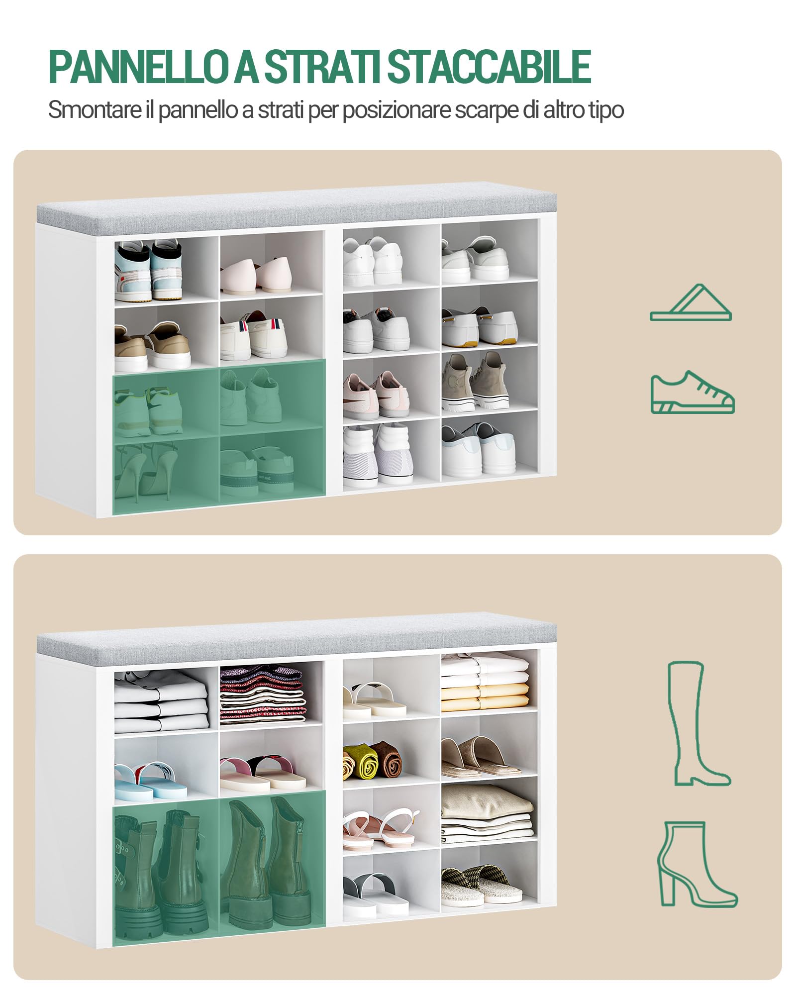 Hzuaneri Panca Scarpiera, Scarpiera con Sedile, 16 Scomparti, Organizzatore Portaoggetti, 30 x 104 x 59 cm, per Ingresso, Bianco SB25603GY