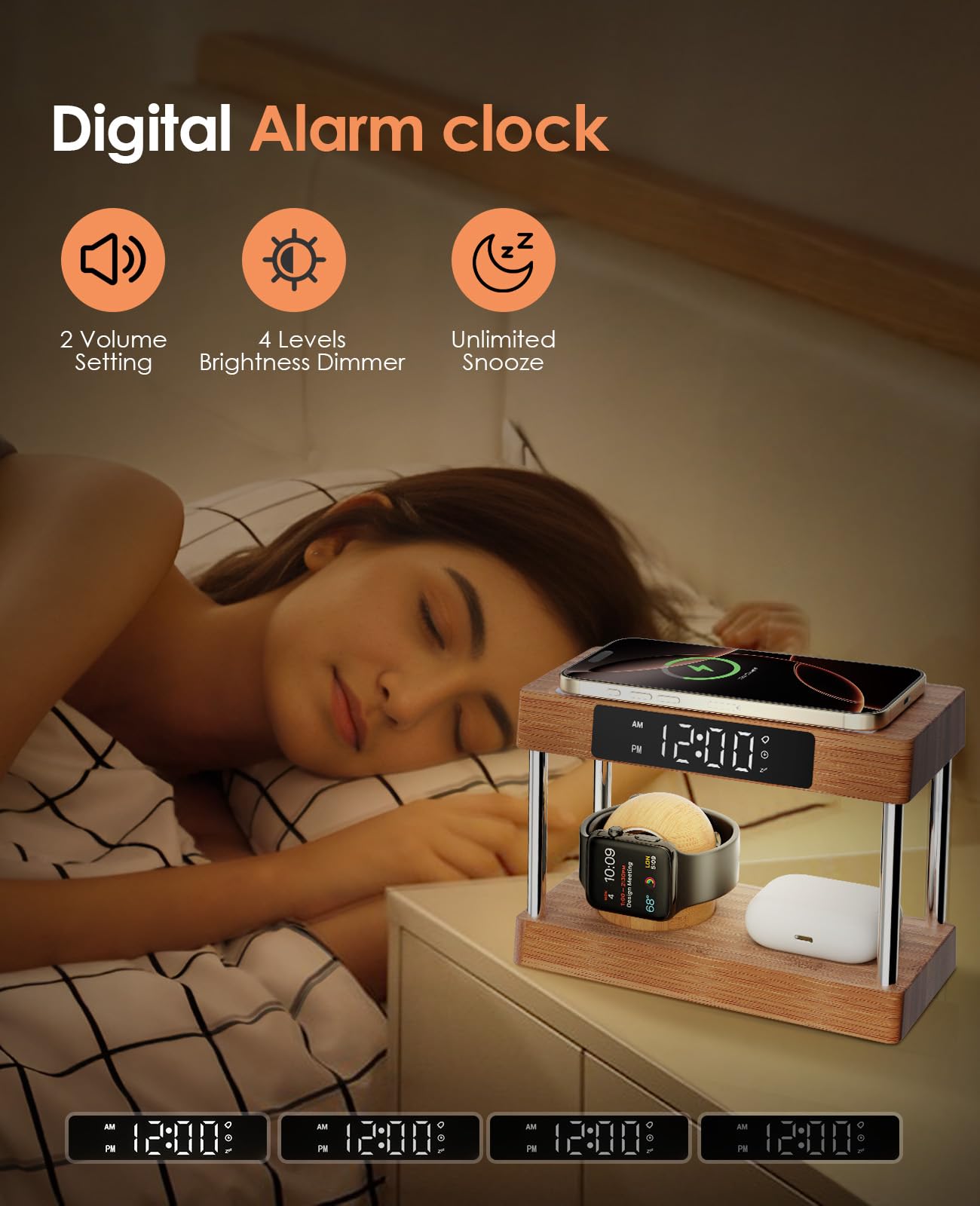 Bamboo Wireless Charging Station with Clock, Gifts for Her Him Bedside Light Alarm Clock with Wireless Charging, Bamboo Charging Station for Multiple Devices iPhones 16-8|AirPod|iWatches