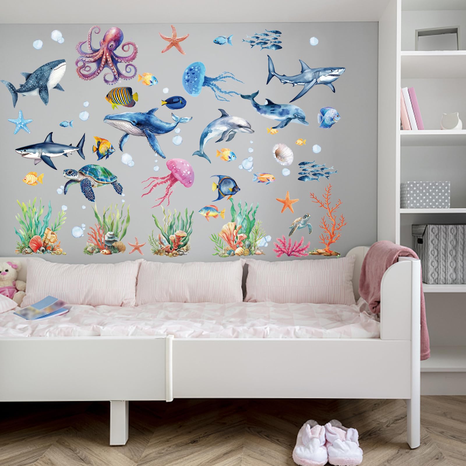 PLIGREAT 3 Sheets Colorful Sea Animals Wall Stickers Underwater World Removable Vinyl Wall Decals for Kids Bedroom Reading Room Nursery Living Room Wall DIY Decorative Stickers - Image 4
