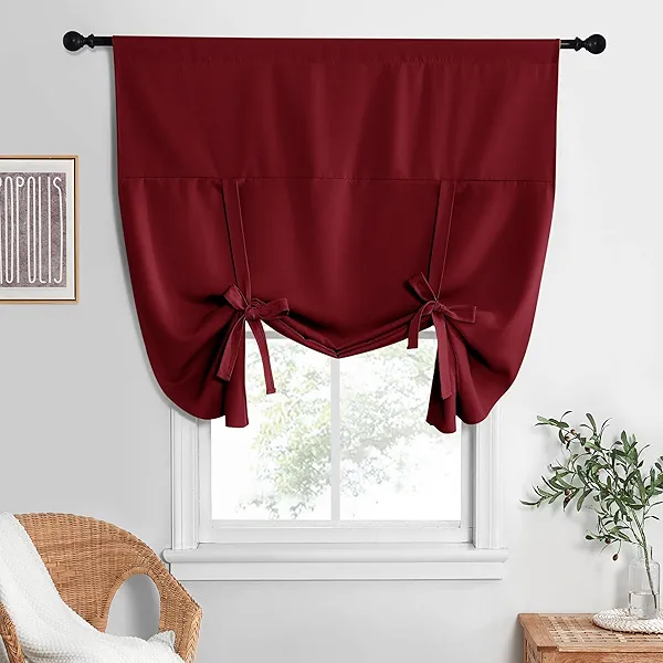 NICETOWN 63 Inch Length Curtains Adjustable Tie Up Vlances for Bathroom, Thermal Insulating Small Curtain Tiers for Bathroom with Rod Pocket (Red, 52" W x 63" L, 1 Panel)
